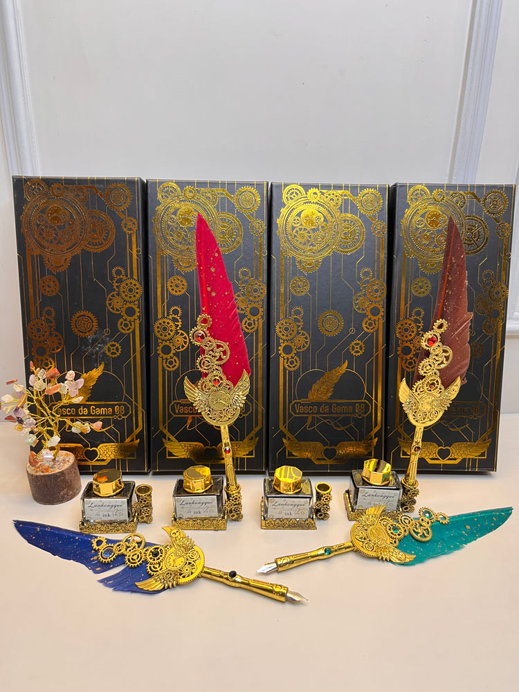 Kawaii Sprinkled Gold Feather Antique Quill Calligraphy Pen with Lankongque Paint ink