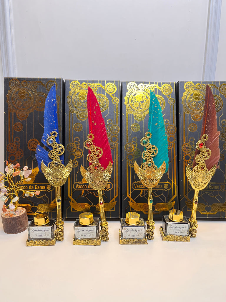 Kawaii Sprinkled Gold Feather Antique Quill Calligraphy Pen with Lankongque Paint ink